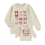 Fernvia Family Matching Outfit Mommy and Me Christmas Sweatshirt Long Sleeve Letters Marry Embroidery Crewneck Pullover Tops (Women, 2XL, Beige Bows)
