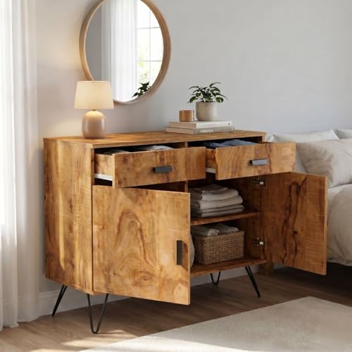 Image of FFO Wooden Sideboard Cabinet for Living Room | Wooden Living Room Storage Cabinet with Drawers, Side Cabinet for Bedroom, Modern Wood Finish, 2 Door Cupboard with Metal Legs Coach Wood DIY.