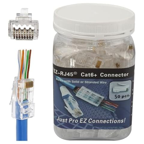 PETECHTOOL RJ45 CAT6A CAT6 Pass Through Connectors 23 AWG Cables 50-Pack - End Bold Ethernet 8P8C Gold Plated Modular Plug for Unshielded Twisted Pair Solid Wire & Standard Cables Cover