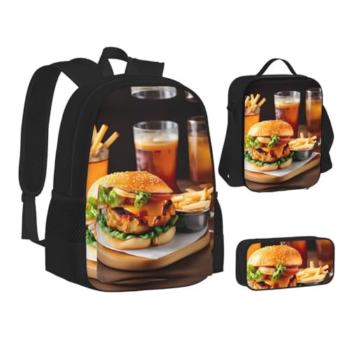 Chicken Leg Burger Drink Print 3 Piece Set Backpack, Lunch Bag, Pencil Case, Cute Sturdy For College And Travel2