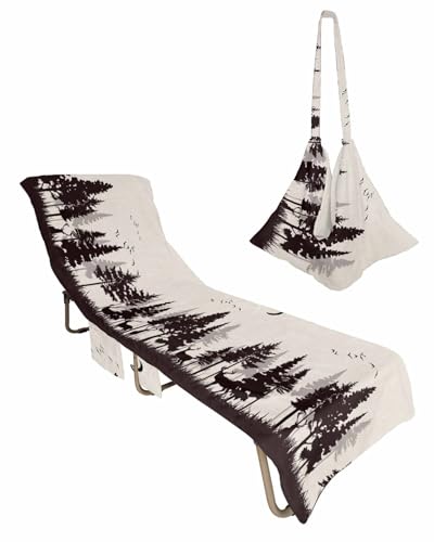 Grey Forest Elk Beach Lounge Chair Towel Cover, Soft Chaise Lounge Towel with Side Pockets Patio Pool Chairs Cover for Beach/Pool Sunbathing 29x85 Deer Birds Farmhouse Rustic Tree Botanical