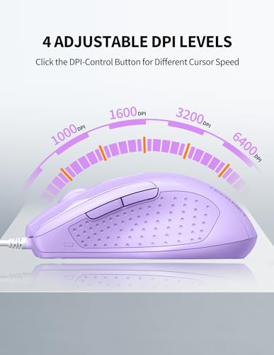 Image of TECKNET Wired Mouse, 6-Button Corded with 4 Adjustable DPI, Optical Ergonomic Design, 5FT Cord for Laptop, Chromebook, PC, Desktop, Mac, Notebook - LT.Purple