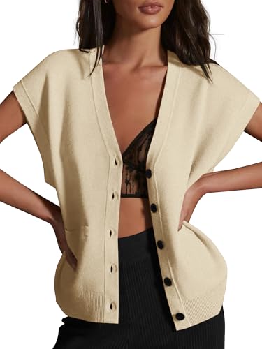 Womens Cardigan Sweater Vest Lightweight V Neck Button Down Cap Sleeve Knit Tops Loose Sleeveless 2025 Spring Outfits2