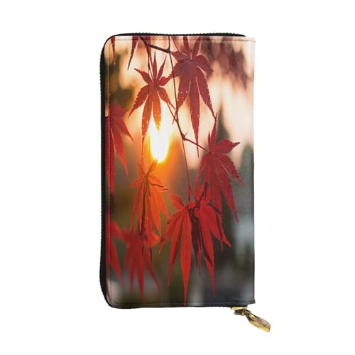 Maple leaves shining Premium Leather Wallet with Metal Zipper, Multiple Card Slots Cash Pockets, ideal Gift for Her or Him