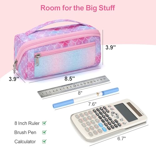 Image of Pencil Case for Girls, Durable Kids Pencil Pouch for School, Wide Opening Soft Pen Bag with Handle, Fits 50 Pens & Markers (Glitter Pink Memarid)