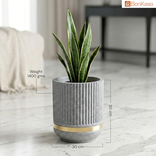 Image of BonKaso 14 Inch Tower Plant Pot for Indoor & Outdoor | Modern Lightweight Polymer Planter | Weather, UV & Frost Resistant | Ideal for Living Room, Balcony, Office & Nursery (Light Grey)