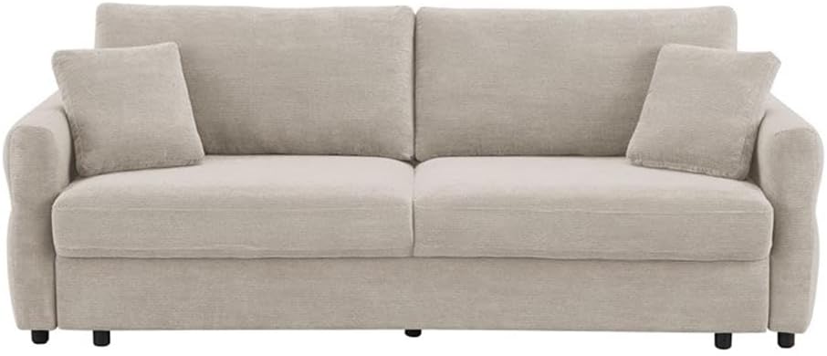 BOWERY HILL Fabric Upholstered Sofa with Queen Size Sleeper, Beige Finish, 92" W x 42" D x 37" H, Contemporary Style with 2 Pillows, Hardwood Frame, Spacious Living Room Seating and Sleeping Solution