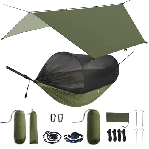 Camping Hammock with Mosquito Net & Rain Fly – Lightweight & Portable Hammock with Waterproof Tarp, Easy Setup for Hiking, Backpacking, and Outdoor Camping