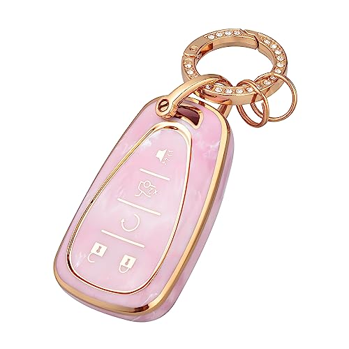 OFFCURVE Car Key Fob Cover Compatible with Chevy Key Shell Car Accessories Remote Key Protector Fits Chevy Equinox Malibu Camaro Traverse 5-Button Smart Key Pink/Pattern Random