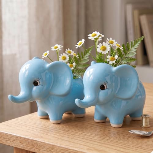Image of Ceramic Elephant Shape Flower Vase & Succulent Planter (6-inch) | Cute Elephant Pot for Home Decor, Living Room, Office Desk & Gifting | Water-Resistant Vase for Natural Flowers (2, Sky Blue)
