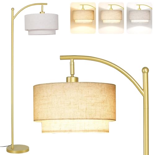 Image of SUNMORY Floor Lamps for Living Room with 12W LED Bulb, Arc Lamp with 3 CCT | Modern Floor Lamps with Adjustable Double Fabric Shades, Industrial Arched Lamp, Tall Standing Lamp for Bedroom, Corner