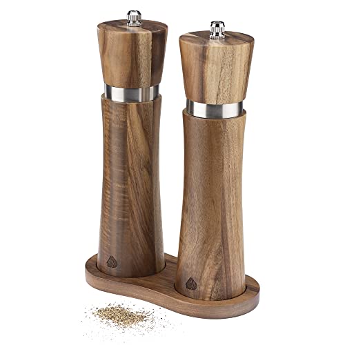 Navaris Salt and Pepper Grinder Set - Wooden Grinders with Tray Holder - Acacia Wood Mills for Table - 21.3 cm (8.4") Mill Set with Adjustable Ceramic Grinders