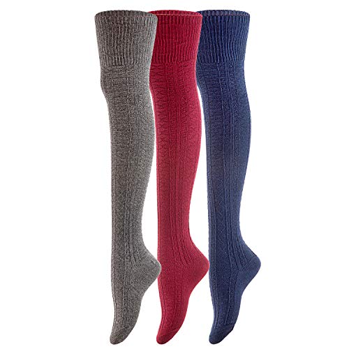 Women's 3 Pairs Thigh High Cotton Socks JM1025 Size 6-9 (Navy, Dark Grey, Wine)
