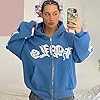 Generisch Women's Oversized Vintage Pullover Long Sleeve Sweatshirt with Retro Look, Letter Printed Zip Hoodie Stylish Gift, lightblue, S #2