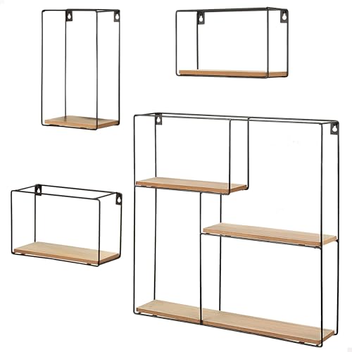 AKTIVE MAX Home Set 4 estanterías de Pared, Carga máxima 6 kg, Decorativas, Rectangulares, Estructura metálica, con baldas, Efecto Madera, para salón, Dormitorio, Oficina, Baño (18470)