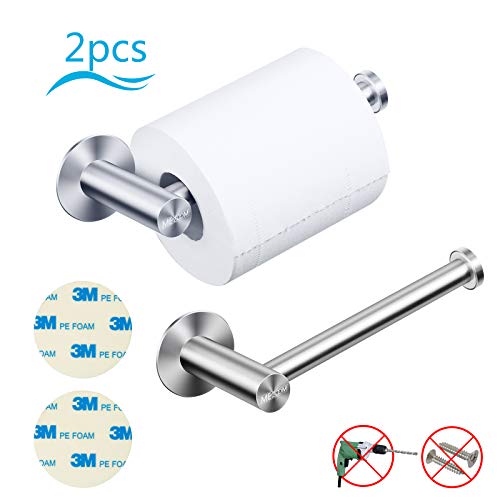 Portarrollos MEZOOM 2pcs cuelga papel higienico de 304 acero inoxidable soporte rollo papel higienico de 3M adhesivo fuerte para colgar papel del higiene, toalla en baño y cocina.