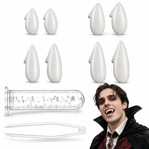 VBK 4 Paires Dents Vampire Adultes, 4 Tailles pour Halloween Cosplay | 4 paires dents vampire 13/15/17/19mm, résine réaliste, réutilisables, ajustement confortable, pour Halloween carnaval