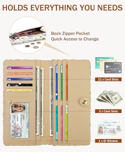 Image of Immaturus Flower Womens Wallet RFID Blocking Slim Thin Credit Card Holder | Long Bifold, 11 Card Slots, Cash Purse, Zipper Coin Pocket, Travel Clutch Billfold, PU Leather, ID Window, Ladies Woman Gift
