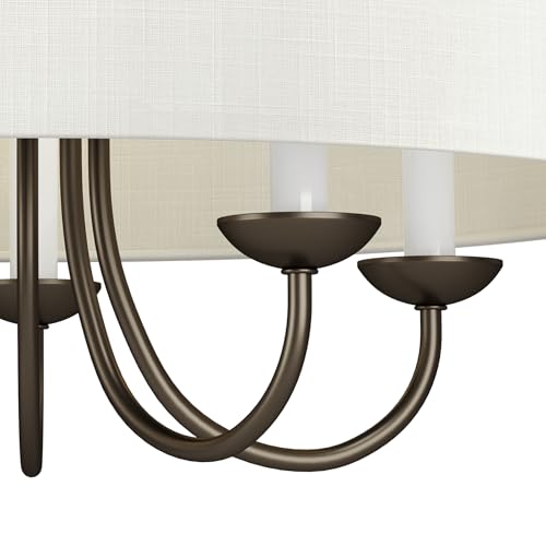 Image of Drum Shade Collection 5-Light White Textured Linen Shade Farmhouse Chandelier Light Antique Bronze