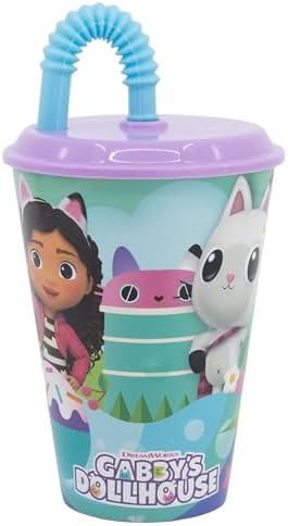 Stor Kinderbecher mit Deckel und Strohhalm Gabbys Puppenhaus 430ml - Wiederverwendbarer Kunststoffbecher für Kinder - Auslaufsicher