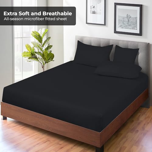 Image of Royale Linens Fitted Sheet Full - Ultra Soft 1800 Brushed Microfiber - Hotel Luxury Bottom Sheets - Wrinkle Free & Fade Resistant - Deep Pocket Fitted Sheet Only (Full, Black)