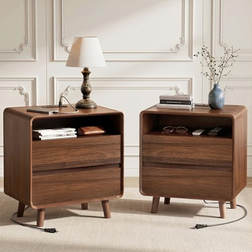 Nasonet Mid Century Modern Nightstand with Charging Station Wood Bedroom End Tables Set of 2 Nightstands with Drawers Bedside Table for Living Room Curved Profile Design Walnut