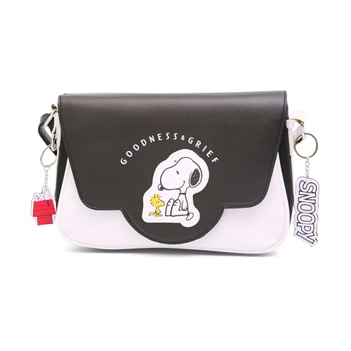 Peanuts Bag Fold Over Crossbody Peanuts Woodstock and Snoopy Goodness and Grief Pose Black Vegan Leather