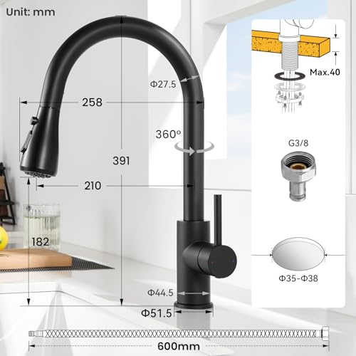 CECIPA Wasserhahn Küche Schwarz mit 3 Modi, Hochdruck Küchenarmatur Ausziehbar, Mischbatterie Küche 360° Schwenkbar, Einhebel Spültischarmatur Küche mit Hohem Bogen, Armatur Küche Edelstahl