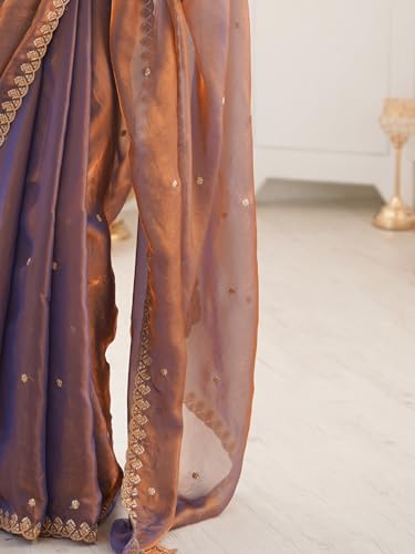 Image of AKHILAM Women's Shimmer Tissue Embroidered Saree With Unstitched Blouse Piece