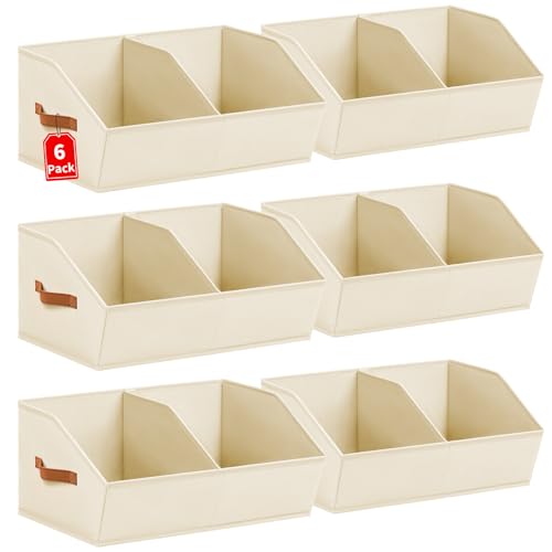 Foldable Storage Boxes Set of 6 - Fabric Organiser Bins with Dividers, Medium Trapezoid Closet Storage Baskets Containers with Handles - For Clothes, Toys, Shelves, Wardrobes in Bedroom or Kids Room