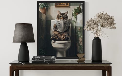 Image of Cat on Toilet Black Framed Wall Art Print Poster, Dog Bathroom Humor Decor Posters Prints for Restroom Home Picture Painting Artwork Gallery 7 (Cat 1, 20 inchL x 16 inchW, Black Frame)