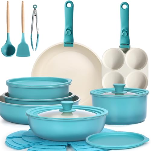 Image of GIPP 21PCS Pots and Pans Set Non Stick, Kitchen Cookware Set Detachable Handle, Light Blue Gradient Pot and Pan Set, Non Toxic Cooking Pan Set with Frying Pans Set, RV Cookware Sets for All Stoves