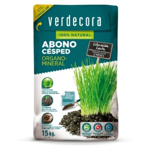 verdecora Abono organomineral para Césped | Liberación Lenta | Componentes Naturales | Función enraizante y fortificante (15kg)