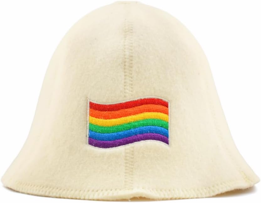 Natural Sauna Hat 'LGBTQ+' White - 100% Organic Wool Felt Sauna Hat for Men and Women for Russian Banya - Protects Head from Heat - eBook Guide Included – Embroidered