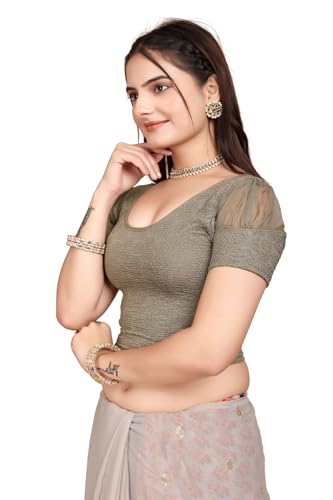 Image of SFT Women's Organza Patch Readymade Saree Blouse with Round Neck Half Sleeves Abstract Pattern Pull On Closure Regular Fit and Standard Length