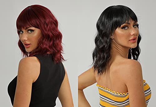 2PCS Wine Red&Black mixed Brown 14''Short Curly Bob Wig with Air Bangs for Women Shoulder Length Wavy Wigs Synthetic Heat Resistant Fiber Hair Medium Length Glueless Wig for Daily Wear