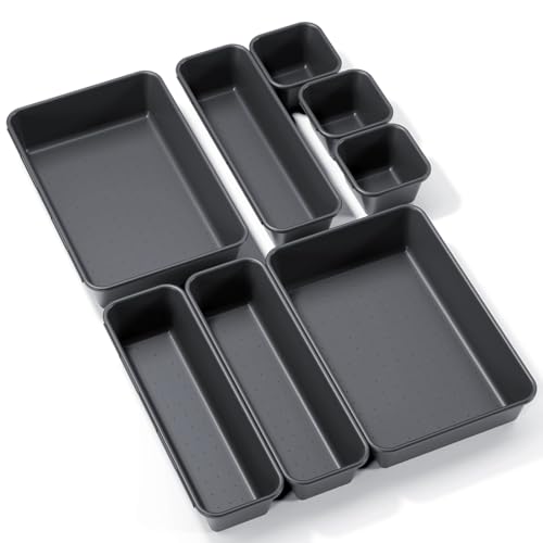 8PCS Plastic Interlocking Drawer Organizer, 3 Sizes Versatile Desk Drawer Organizer Trays, Drawer Dividers, Organization and Storage Bins for Tools, Office, Jewelries, Kitchen Utensils and Makeup