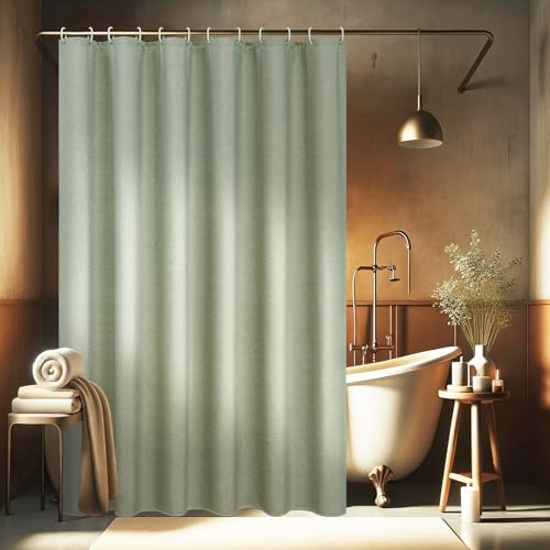 EurCross Rideau de douche en lin texturé vert 180 x 200 cm pour salle de bain - Textile robuste - Imperméable - En polyester anti-moisissure - Lavable - Avec...