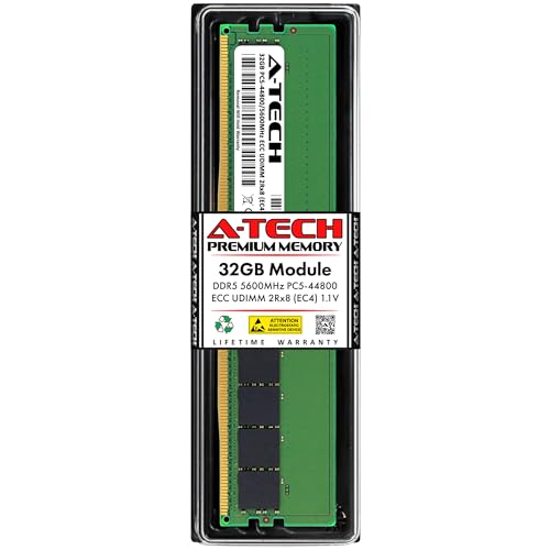 A-Tech 32GB DDR5 5600MHz PC5-44800 ECC UDIMM 2Rx8 (EC4 9x4) Dual Rank 1.1V ECC Unbuffered DIMM 288-Pin Server, Workstation RAM Memory Upgrade Module