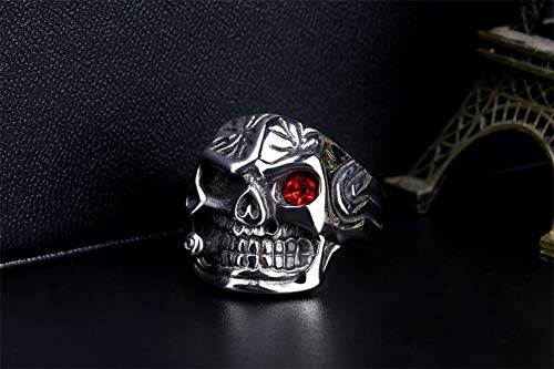 Hijones Men's Stainless Steel Cigar Skull With Red Cz Eye Biker Ring Vintage Silver Band, Size 11 #TOP2