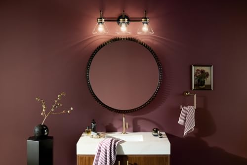 Image of Kichler Farum 26 inch 3-Light Bathroom Vanity Light Fixture with Clear Glass in Black, Modern Wall Mount Over Mirror for Single or Double Vanity, Powder Room (26 inch x 9.5 inch x 9.5 inch), 55155BKCLR