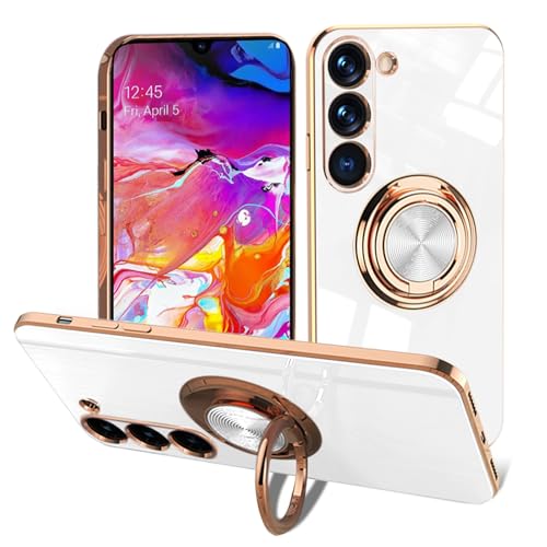 EYZUTAK Electroplated Magnetic Ring Holder Case for Samsung Galaxy S23 Plus, 360 Degree Rotation Metal Anti-fall Finger Ring Holder Magnet Car Holder Slim Soft Silicone Shockproof Cover - White