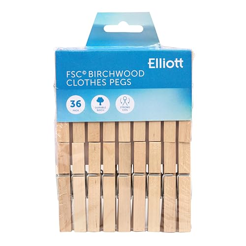 Elliott Lot de 36 pinces à linge en bois dur FSC à forte adhérence pour corde à linge, cheval et loisirs créatifs, sans plastique et 100% recyclables, pour tous les types de linge