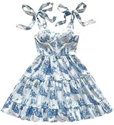WDIRARA Women's Boho Floral Print Tie Shoulder Cami Dress Tiered Smocked Sleeveless A Line Mini D...