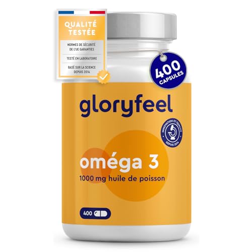 Gloryfeel - Oméga 3 1000mg Huile de Poissons Sauvages, 400 Gélules Biodisponibles, EPA 180mg DHA 120mg, Haute Concentration Acides Gras, Soutient le Cerveau, Cœur, Tension Artérielle, Sans Additifs - -15%
