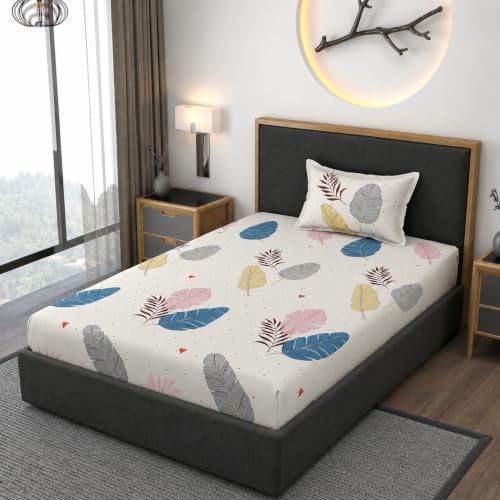 Image of Vaini Premium Heavy Cotton Elastic Fitted Bedsheets with 1 King Size Pillow Covers || Single Bed with All Around Elastic 350 TC || 36 x 78 x 6 Inch Single Size Fitted || :- Colorfull Wings