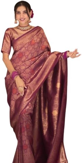 Airkot Traditional Banarasi Silk Saree for Women | Floral Pattern with Sleeveless Blouse | Elegant Bridal Wedding Saree | Latest Party Sari collections