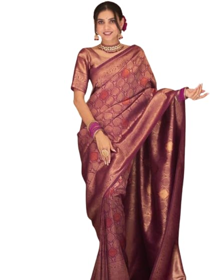 Airkot Traditional Banarasi Silk Saree for Women | Floral Pattern with Sleeveless Blouse | Elegant Bridal Wedding Saree | Latest Party Sari collections