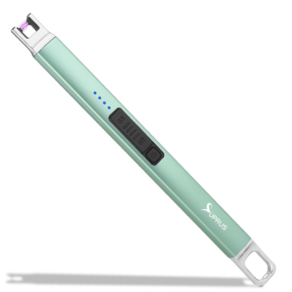 SUPRUS Candle Lighter Arc Electric Lighter Windproof Flameless with Safety Switch for Camping BBQ Birthday, Giftbox for Mom Wife Friend (Green)