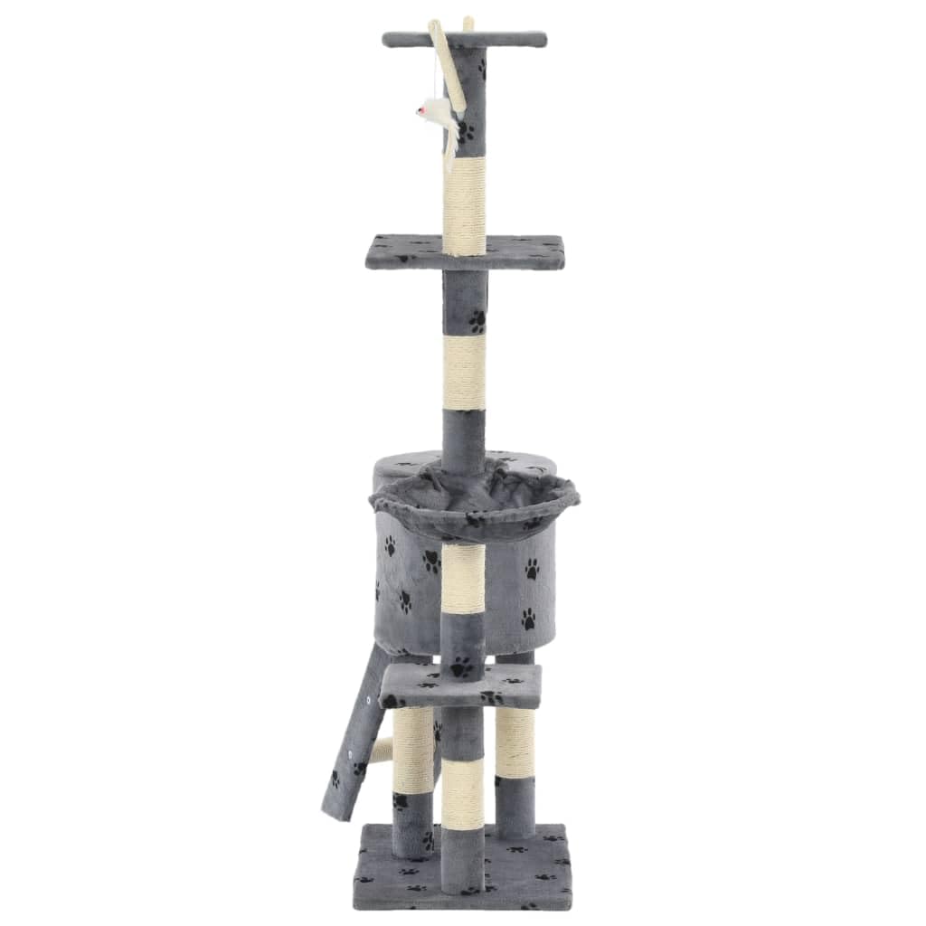 Katzen-Kratzbaum Sisal 138 cm Grau mit Pfoten-Aufdruck, Kratzmöbel mit Höhle, Liegefläche und Plattform, inklusive 3 Spielzeugen, ideal zum Klettern, Kratzen